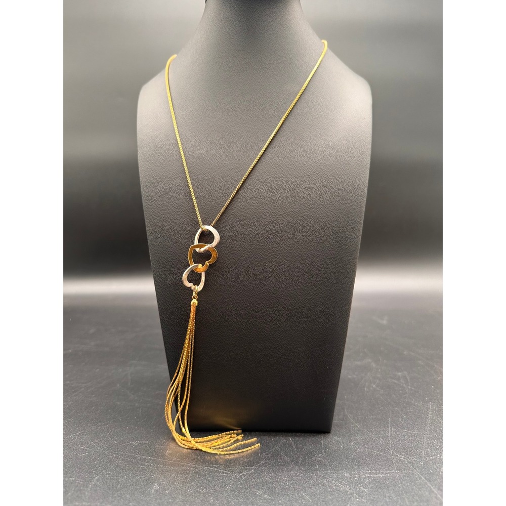 Vintage Interlocking Hearts Tassel Necklace Gold Silver Tone Box Chain - Picture 5 of 7